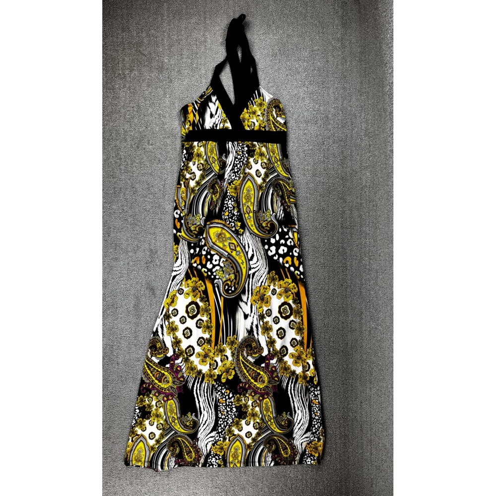 Wet Seal Dress Large Yellow Paisley Leopard Zebra Halter Maxi Y2K Vintage Summer